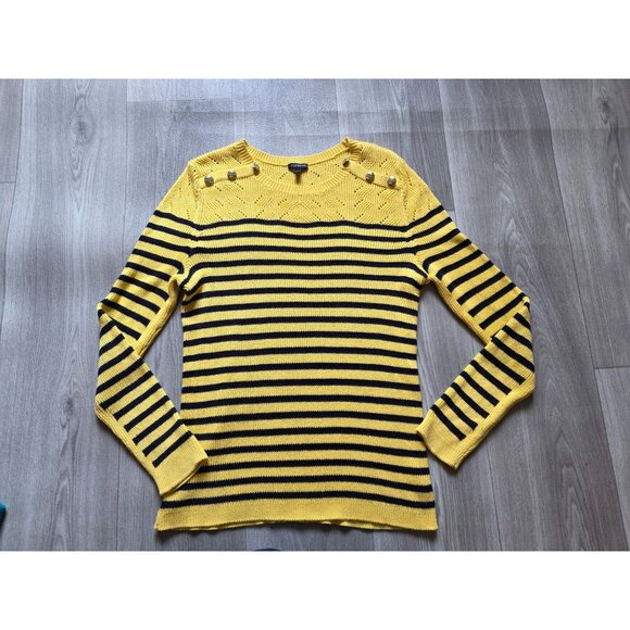 Talbots Yellow & Black Striped Knit Sweater With Shoulder Buttons Size L - Picture 2 of 9